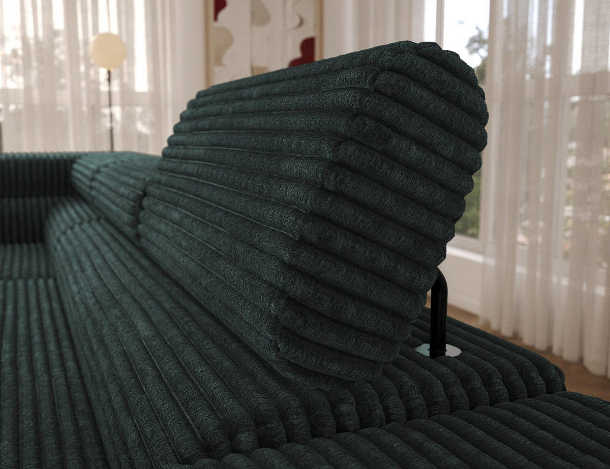 ECKSOFA COLESIO L-Form, Schlaffunktion, Bettkasten, verstellbare Kopfstützen, Wellenfederung, Metallfüße, breiter Cordstoff - Dunkelgrün/Schwarz, Kunststoff/Metall (269/204cm) - Wohnideebilder