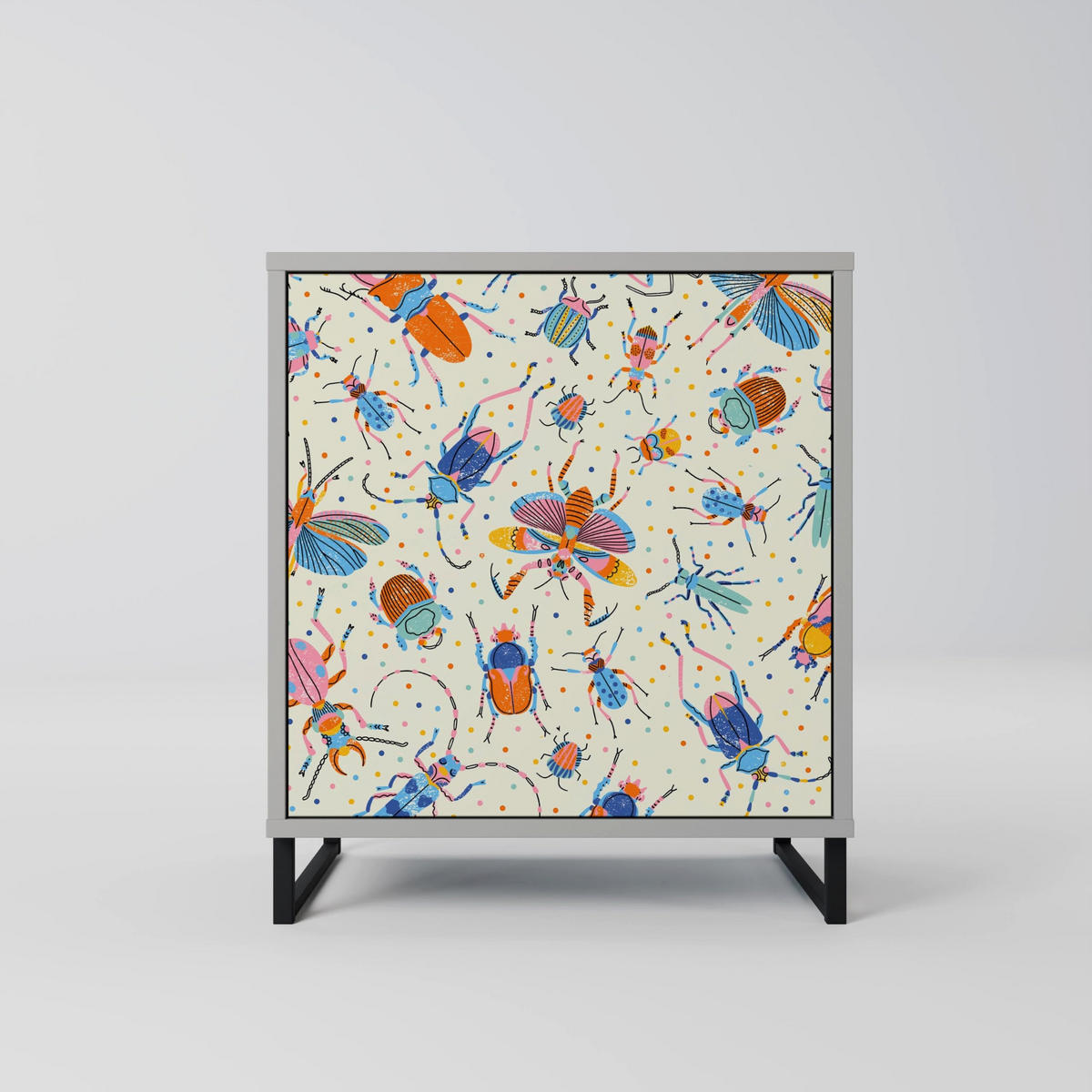 SIDEBOARD COLORFUL INSECTS, Grau, 57,5x42x67,5 cm, Schwarze Metall-Rahmenfüße - Multicolor/Schwarz, Holzwerkstoff/Metall (57.5/67.5/42cm) - SpaceRebels