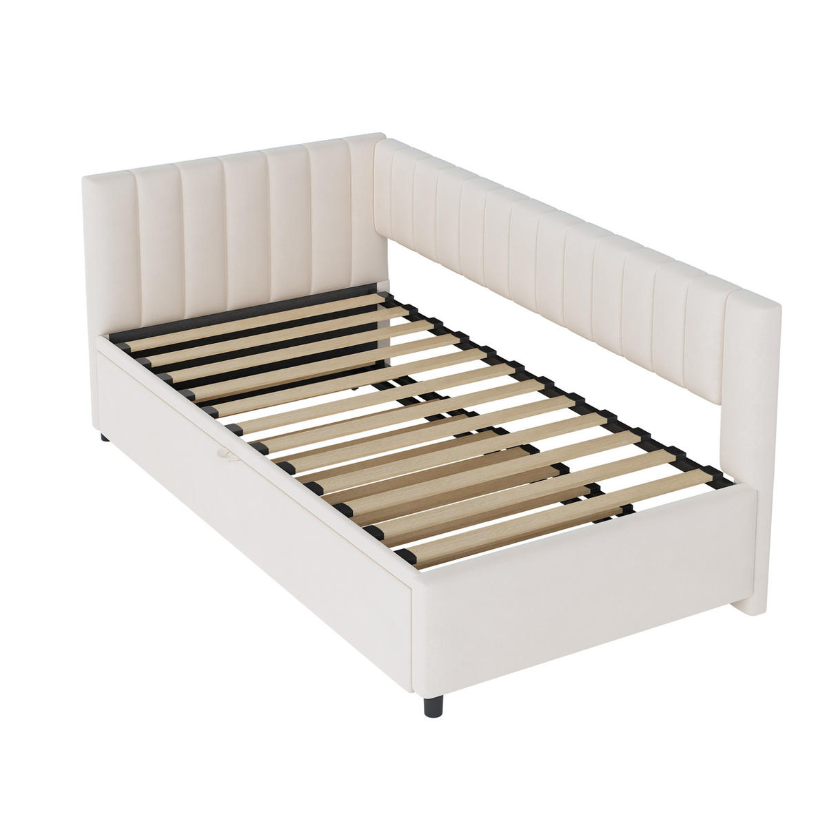 SAMT-POLSTERBETT 90/200 cm Beige mit Ausziehbett und gepolstertem Kopfteil - Beige, Textil (90/180cm) - BEAOK
