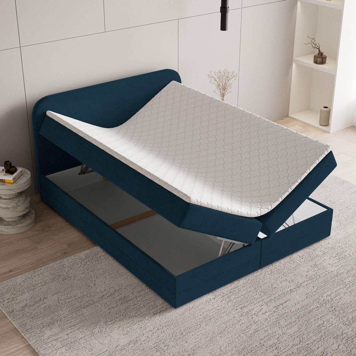 BOXBETT ARMEL 140x200 cm mit Matratze und Topper - Blau - Blau, Holz (140/200cm) - MASSENO