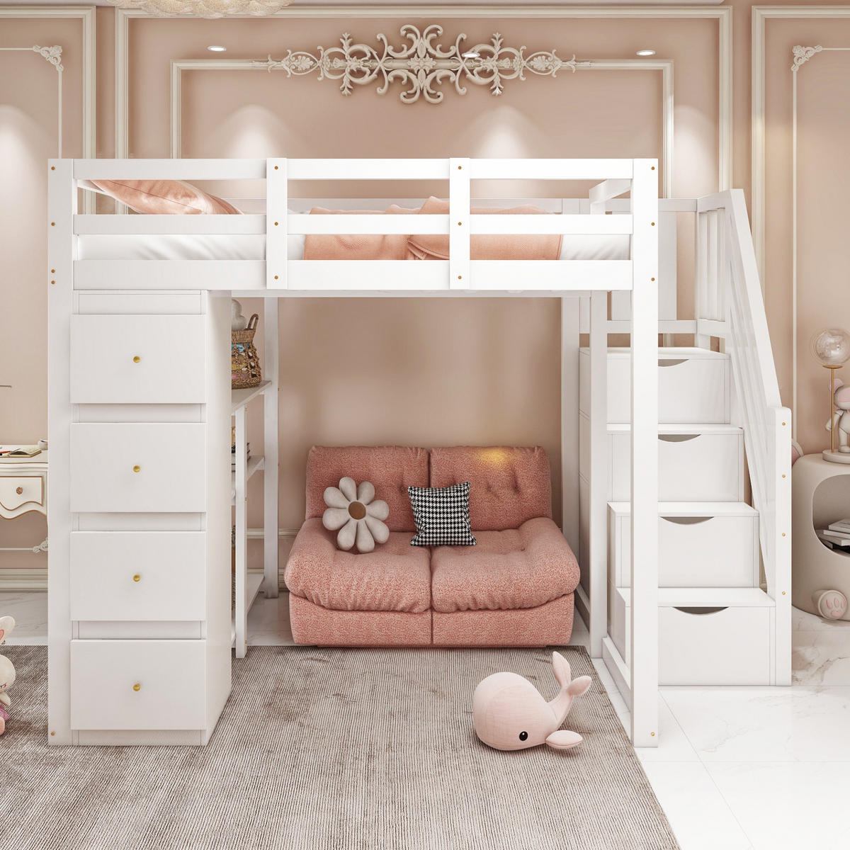 HOCHBETT 140/200 cm Weiß mit Aufbewahrungsschublade und Sicherheitsleiter ohne Matratze - Weiß, Holz (140/200cm) - OKWISH