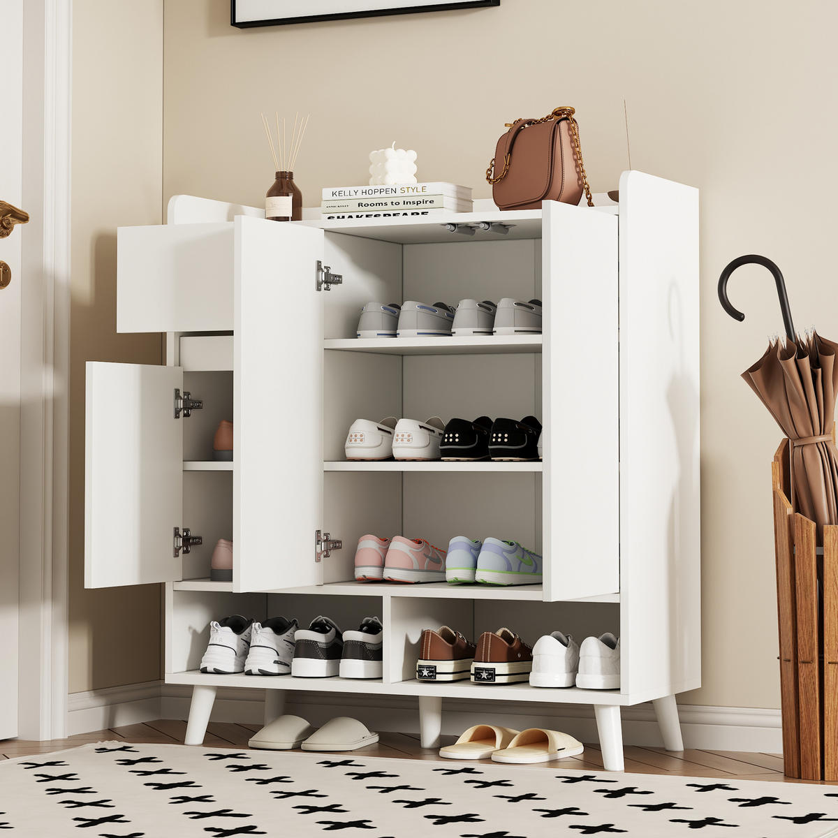 SCHUHSCHRANK in Weiß Sideboard mit verstellbaren Einlegeböden & Massivholzbeinen, für Wohnzimmer oder Schlafzimmer, B90/T35/H99cm - Weiß, Holzwerkstoff/Metall (90/100/35cm) - STILVORA