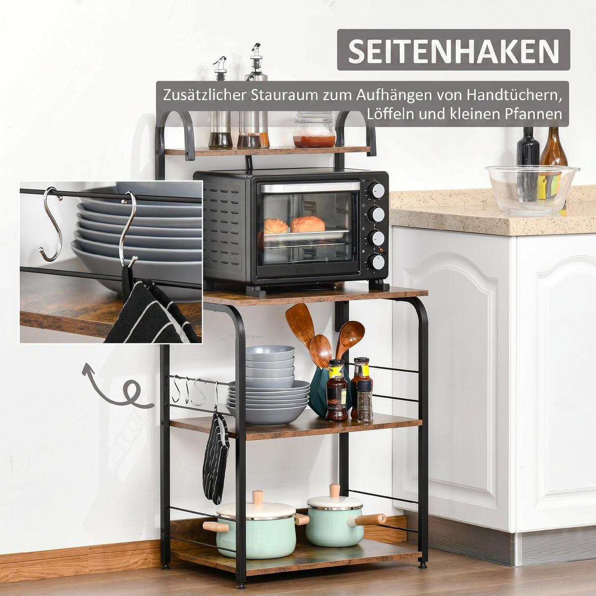 KÜCHENREGAL Holzwerkstoff, Stahl Rustikal-Braun - Braun, Holzwerkstoff (40/125/60cm) - HOMCOM