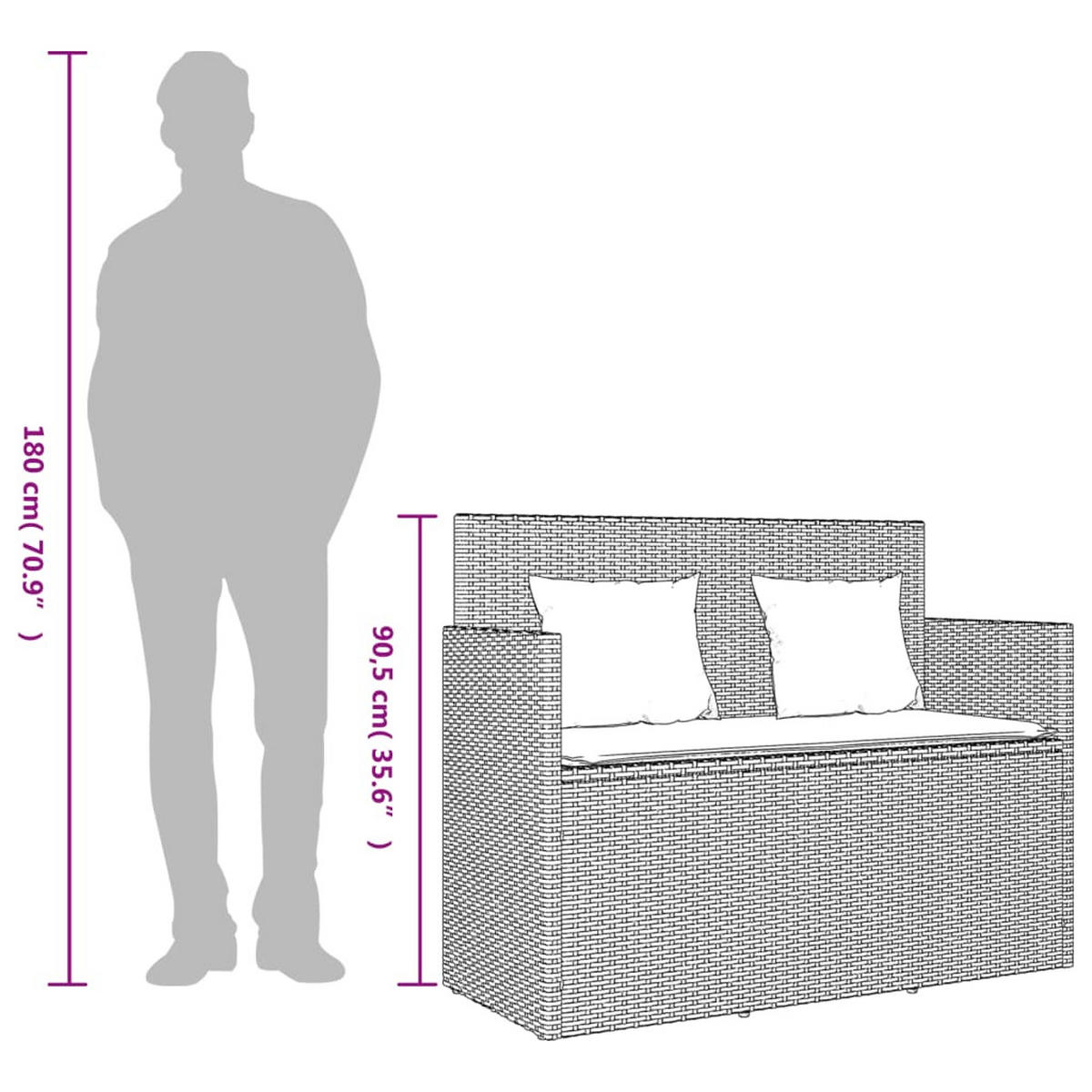 GARTENBANK Mit Kissen Grau Poly Rattan - Grau, Kunststoff (50/90.5/120cm) - vidaXL