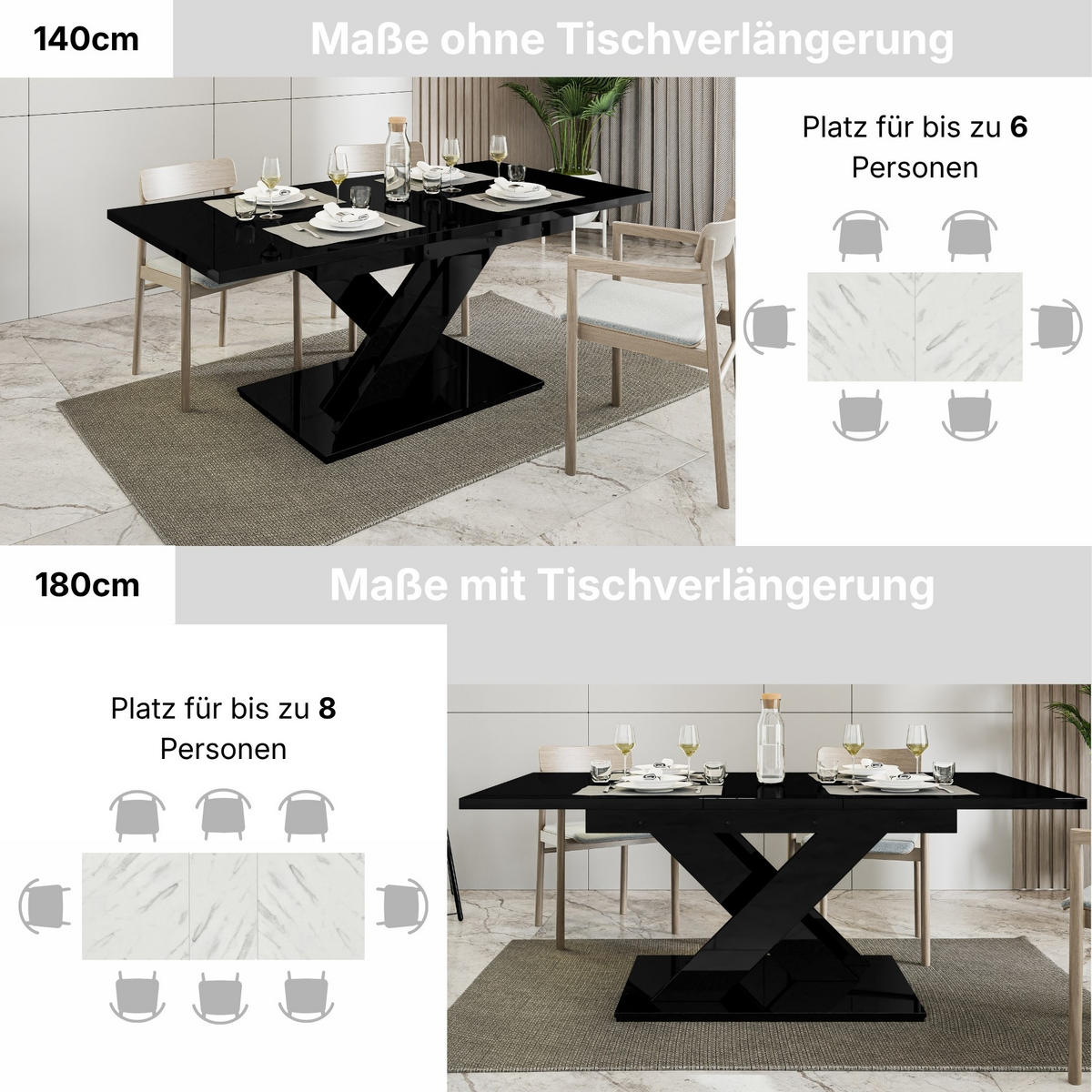 ESSTISCH Schwarz Hochglanz Ausziehbar 140 - 180 cm - Schwarz Hochglanz, Holzwerkstoff (140/80/75cm) - PROSPERO