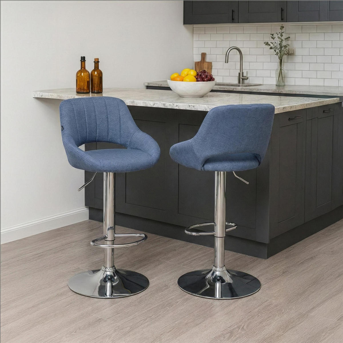 BARHOCKER Stoff Blau - Chromfarben/Blau, Textil/Metall (47/85/48cm) - CLP
