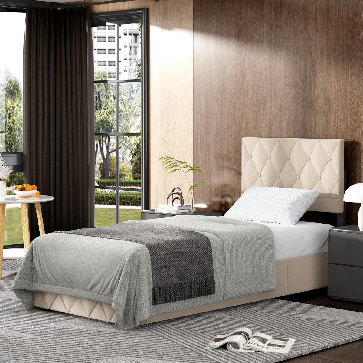 POLSTERBETT 90/200 cm aus Samt in Beige mit großem Stauraum unter dem Bett und Lattenrost - Beige, Textil (90/200cm) - OKMYHOME