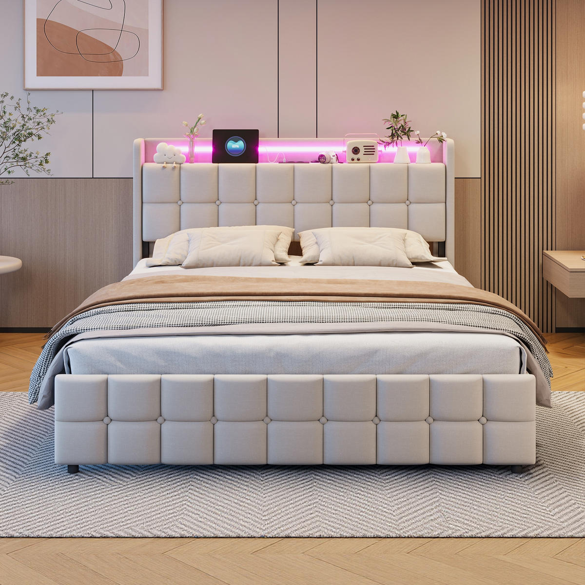 POLSTERBETT 180/200 cm,Doppelbett Beige mit 4 Schubladen und Lattenrost,Modernes Bettgestell - Beige/Naturfarben, Holz/Metall (180/200cm) - FURNISHINGS HOME