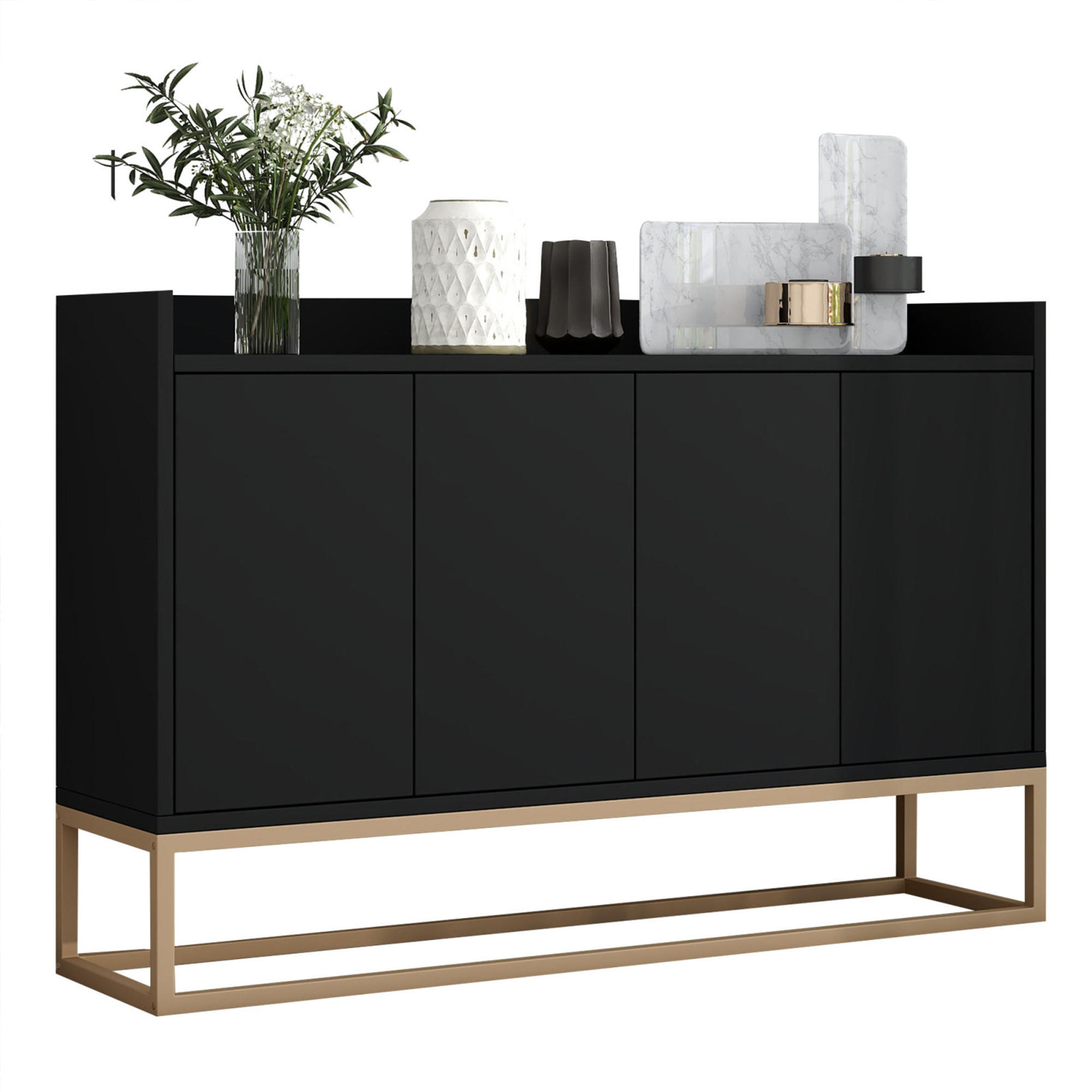 SIDEBOARD, 120/80/30 cm, mit 4 Türen, MDF, schwarz - Schwarz, Holz/Metall (120/80/30cm) - GENKI LIVING