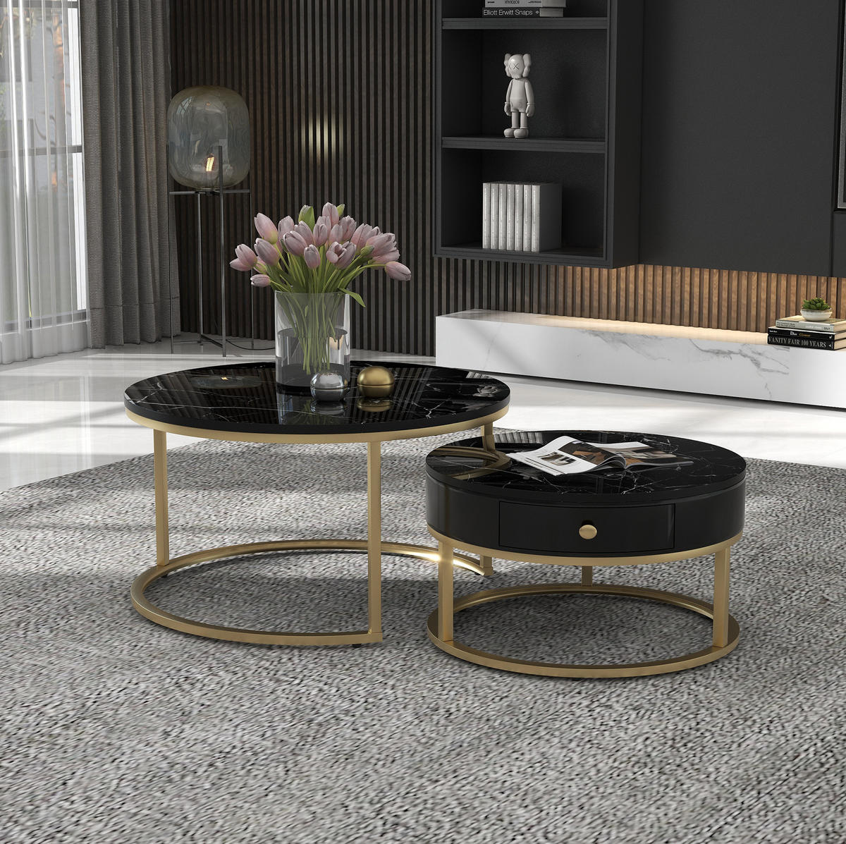 COUCHTISCH-SET 70/70/48 cm Schwarz aus Holzwerkstoff mit Hochglanz-Marmormuster im Nesting-Design - Schwarz, Holzwerkstoff (70/70/48cm) - OKWISH