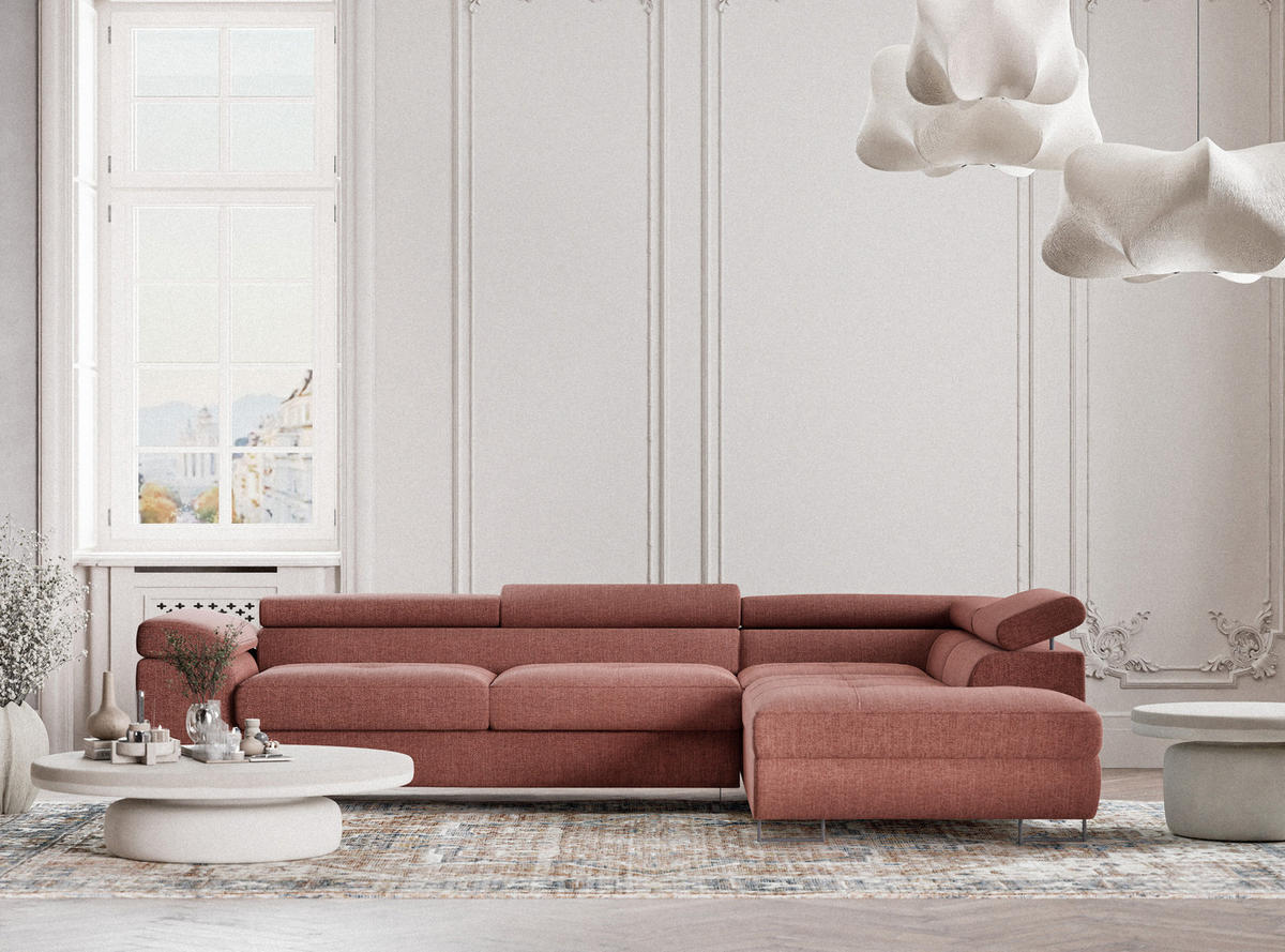 ECKSOFA Concord Korallenfarbe Webstoff - Rechts Seite - Koralle/Schwarz, Holz/Holzwerkstoff (277/203cm) - Maison de Reve