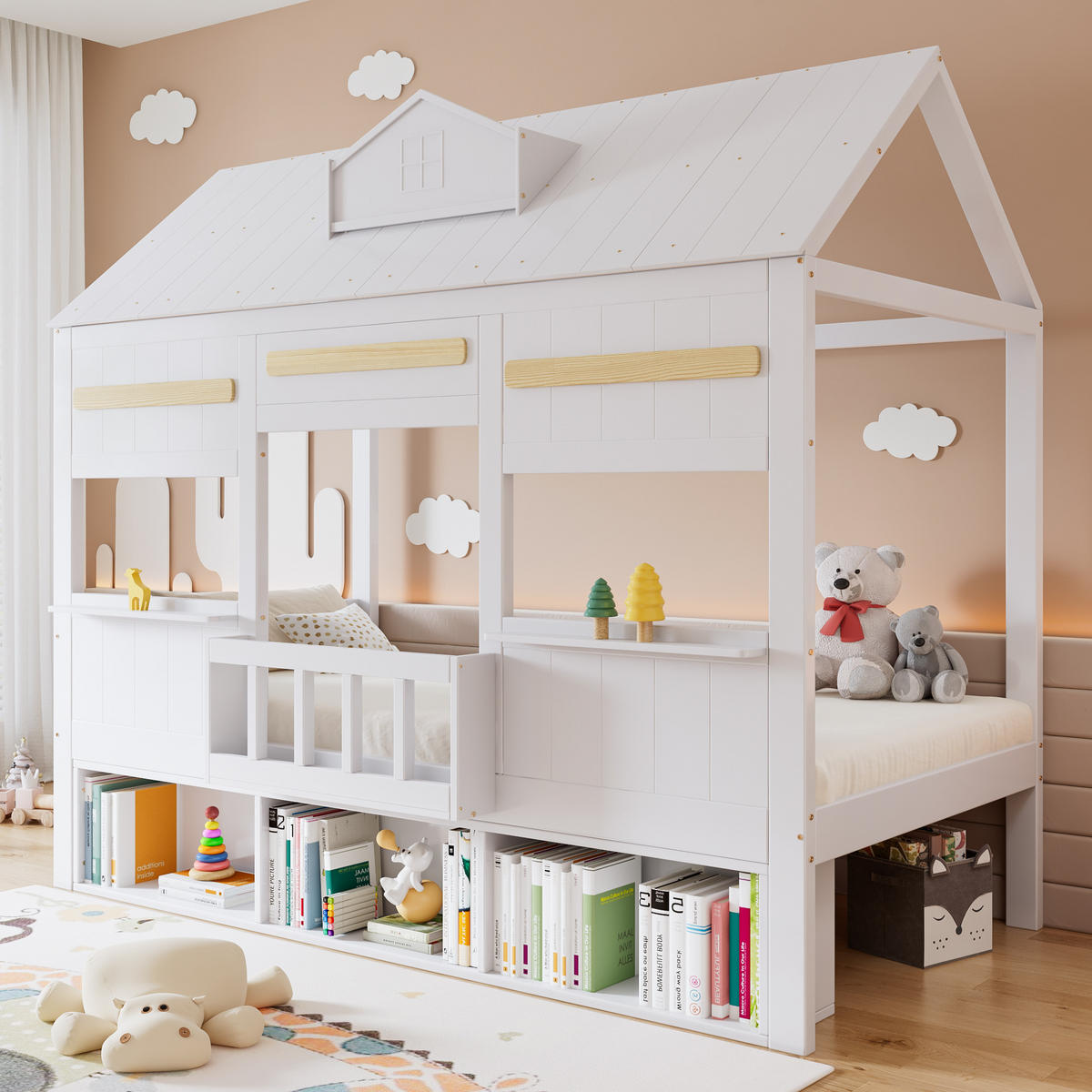 HAUSBETT 90x200 cm mit einer Reihe Bücherregal in Weiß - Weiß, Holz (90/200cm) - KOMHTOM