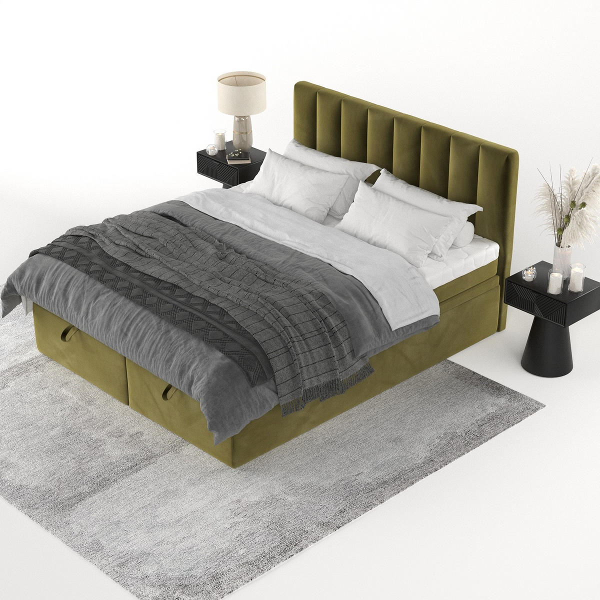 BOXBETT Lume 200/200 cm Olivgrün im Kronos Stoff - Schwarz/Olivgrün, Holz/Holzwerkstoff (200/200cm) - AltaBeds