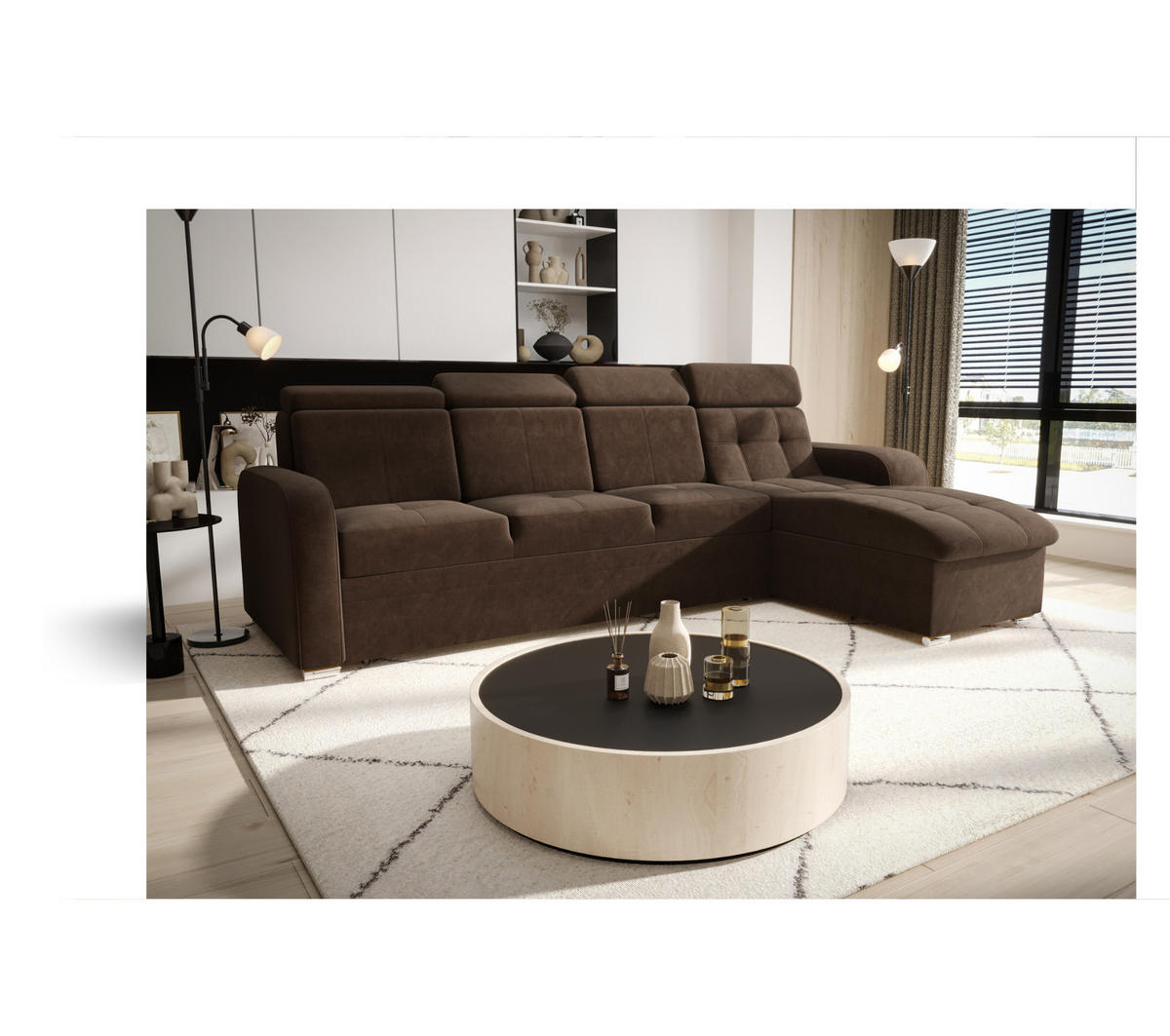 ECKSOFA KONGO RBN10, Eckcouch in L-Form mit Schlaffunktion, Farbe: Dunkelbraun, Velourstoff, Ottomane Links - Dunkelbraun, Textil (315/169cm) - O-Sofa