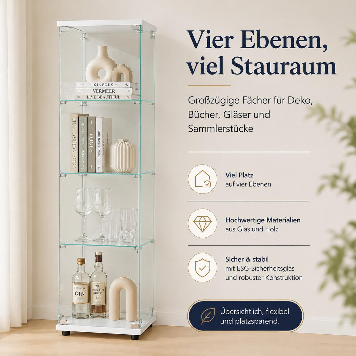 SAMMLERVITRINE WEISS 4 Etagen Glas Schrank Für Figuren Wein Bücher - Weiß, Glas (14.37/64.56/16.73cm) - SHOPENTRA