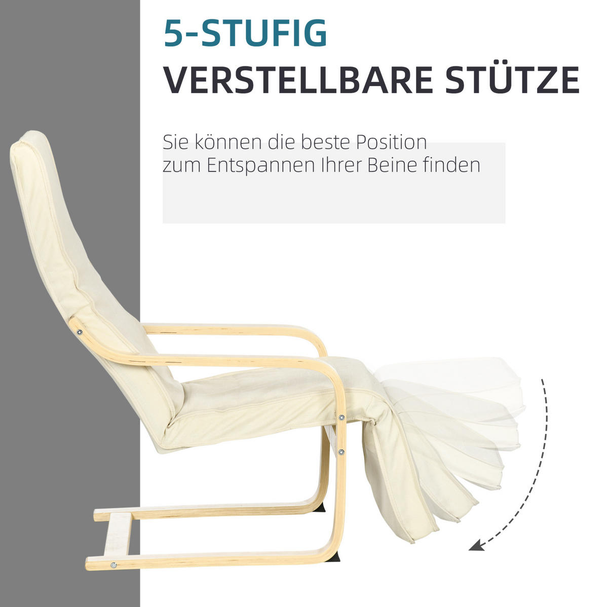 RELAXSESSEL Freischwinger mit verstellbarer Fußstütze Birkenholz, Stoffbezug 66,5/94/100 cm Cremeweiß - Creme, Textil (94/100/66.5cm) - Redom