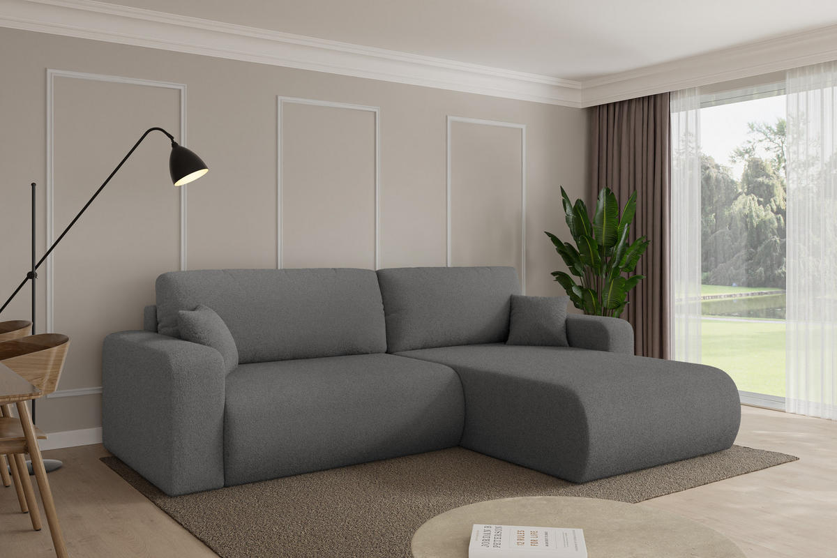 ROHOVÁ SEDAČKA s funkcí spaní, otoman vpravo BERY-L 276x193x88 šedá bouclé - šedá/černá, kompozitní dřevo/textil (276/193cm) - ALTDECOR