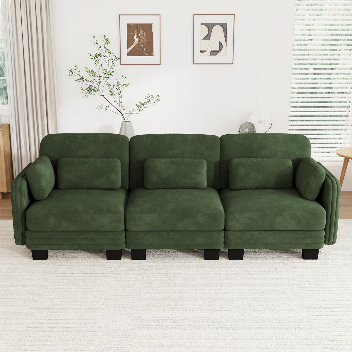 3-SITZER-SOFA Chenille mit Lenden- und Armkissen, DE-42686, Grün - Grün, Holz (253/88/88cm) - ComfortXL