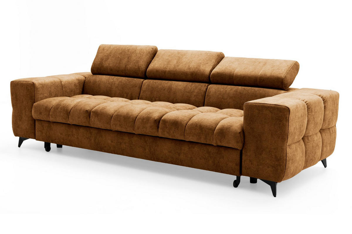 3-SITZER Sofa PUDDING mit Schlaffunktion 127x190 Velours Hellbraun - Hellbraun/Schwarz, Holz/Textil (260/90/100cm) - Muffo