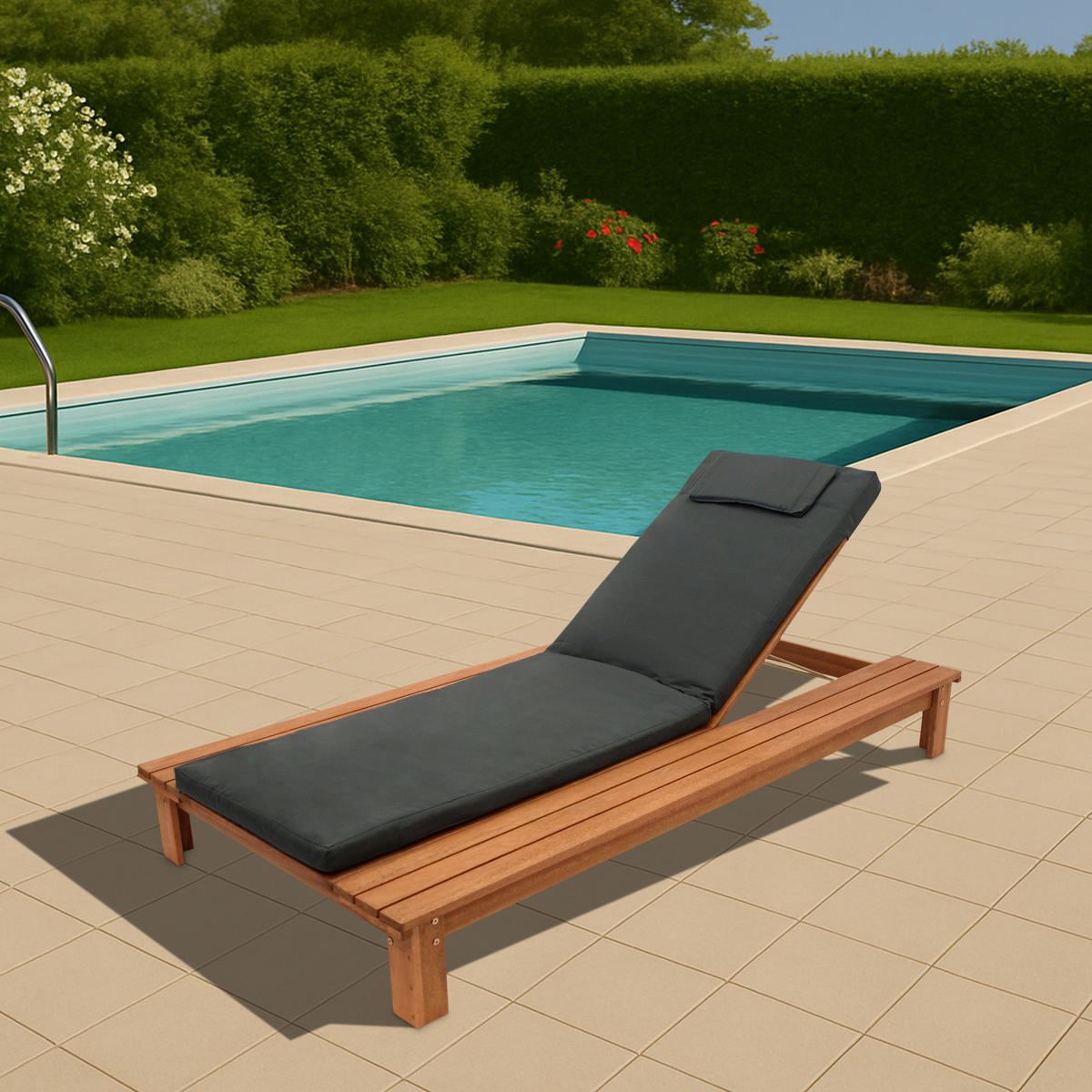 GARTENLIEGE Welton, Eukalyptus geölt mit Auflage dunkelgrau 105x201x95 cm - Braun, Holz (105/95/201cm) - TPFGarden