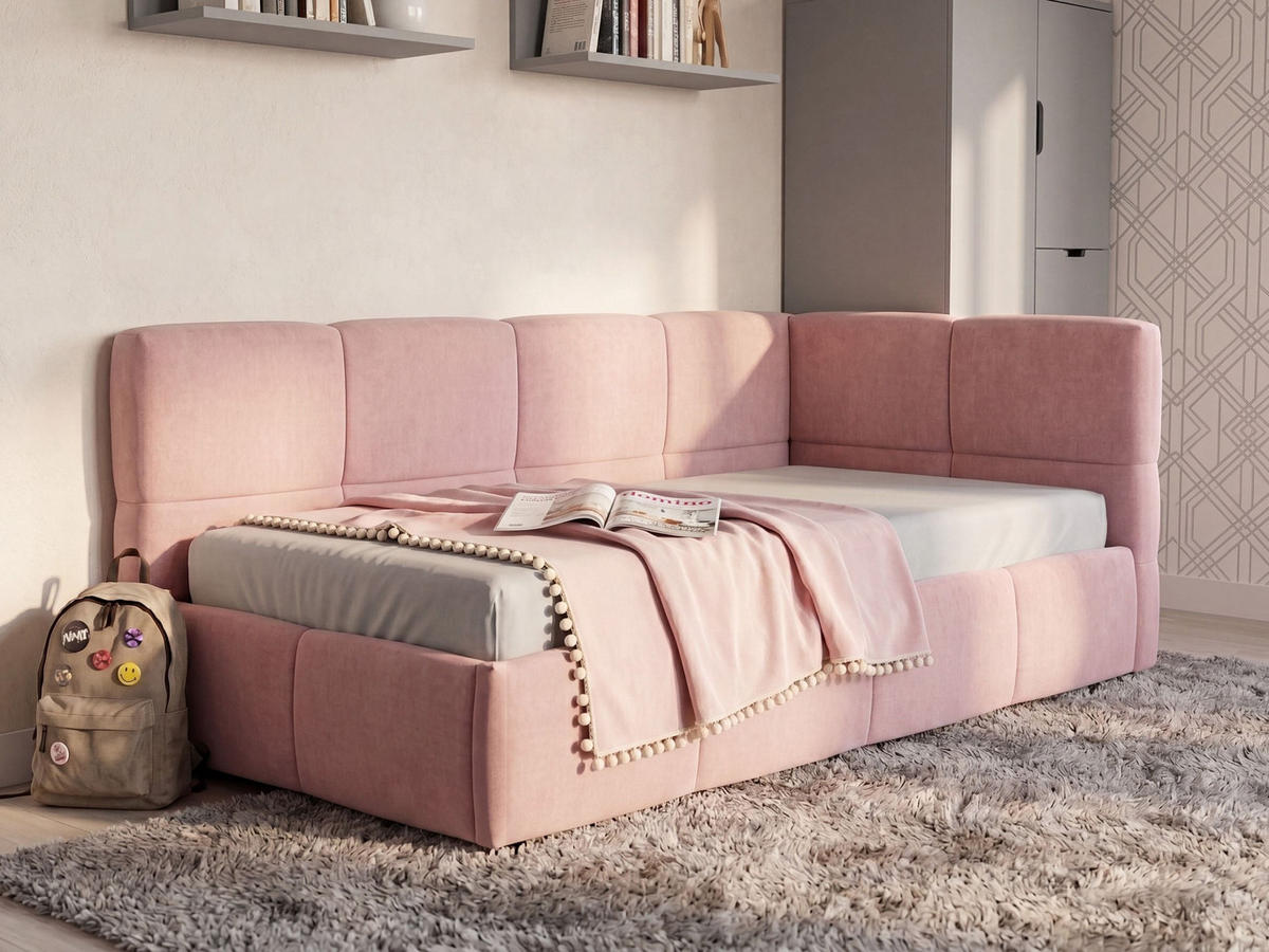 TAGESBETT Stoff 90/200 cm mit Stauraum rechtsseitig Rosa Jacou - Pink, Textil (90/200cm) - Beliani