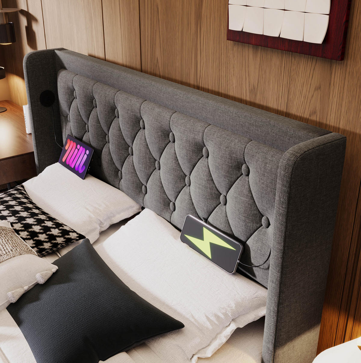 POLSTERBETT 140/200 cm Grau aus Baumwolle mit Stauraum, LED und USB Typ-C - Grau, Textil (140/200cm) - OKMYHOME