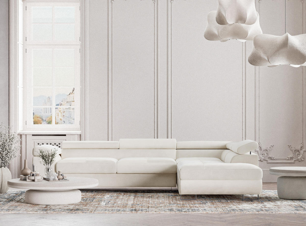 ECKSOFA Concord Creme Chenille-Stoff - Rechts Seite - Creme/Schwarz, Holz/Holzwerkstoff (277/203cm) - Maison de Reve