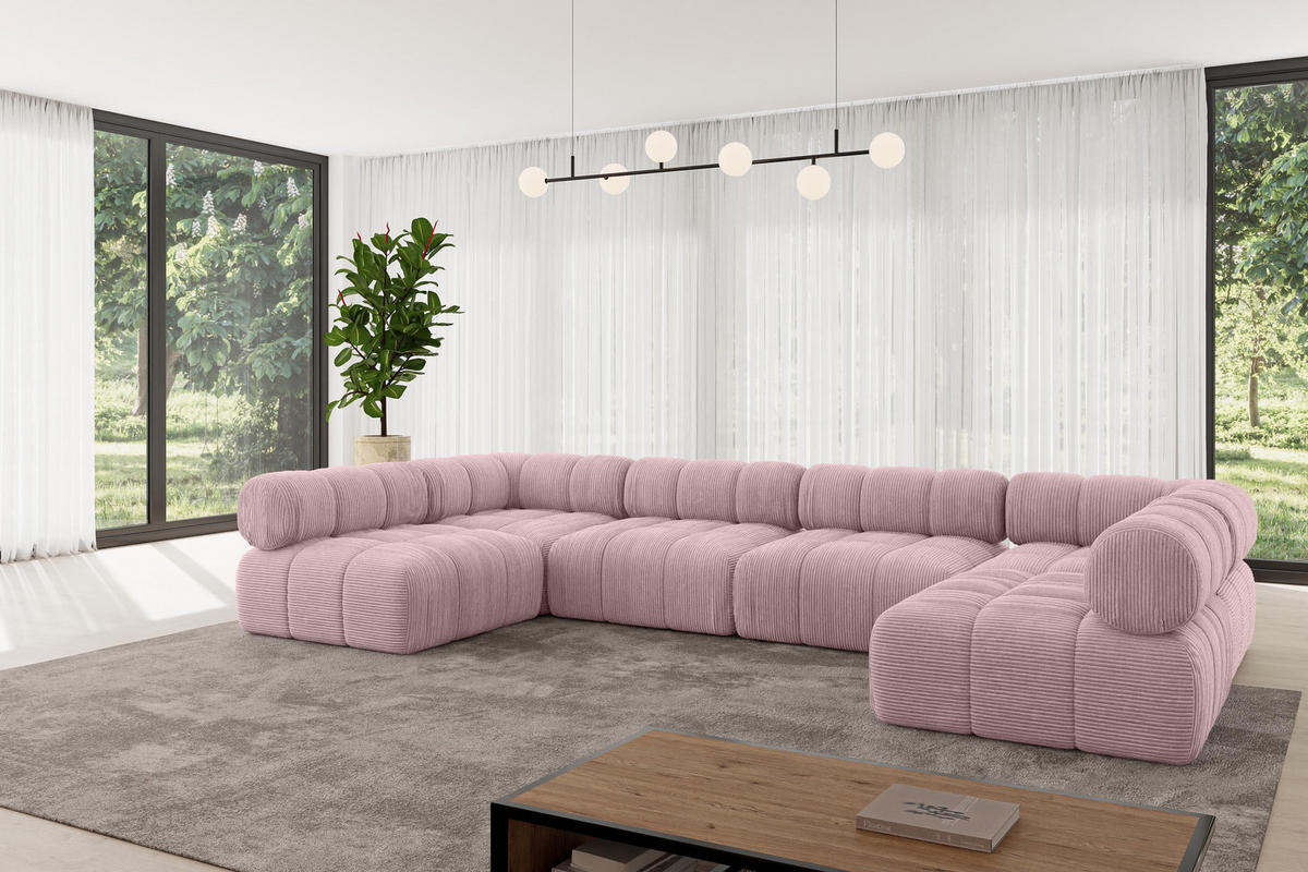 WOHNLANDSCHAFT modulares Sofa Garvo-U2 - 380x190x70 cm Rosa Cord - Rosa, Holzwerkstoff/Textil (380/70/190cm) - ALTDECOR