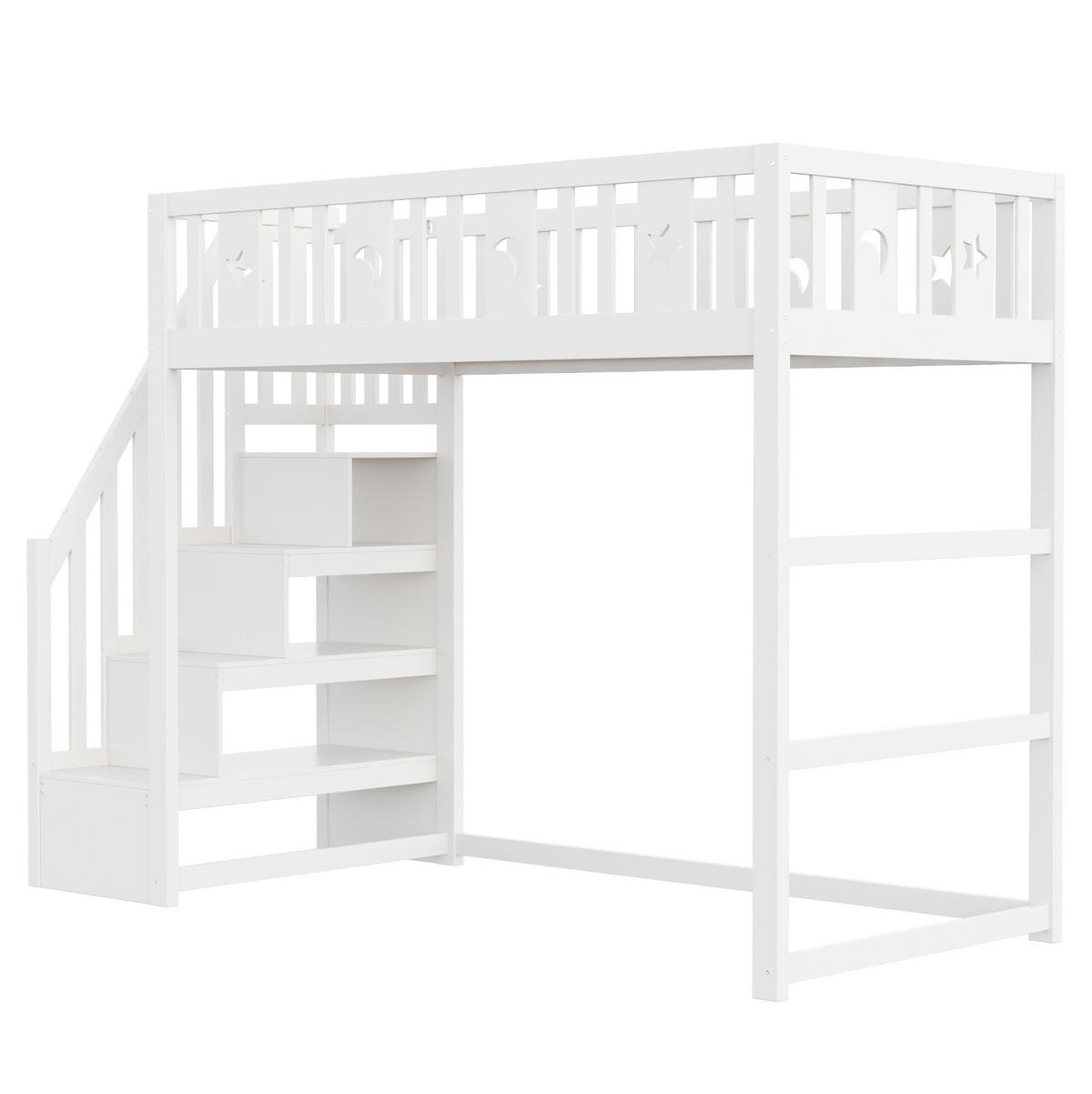 ETAGENBETT 90/200 cm Weiß aus Massivholz mit Treppe und Regal - Weiß, Holzwerkstoff (90/200cm) - OKWISH