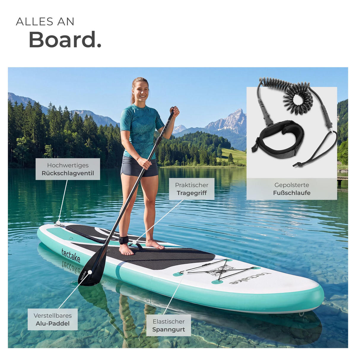 STAND UP PADDLE BOARD Zenon, Belastbarkeit 200 kg, inklusive Kajak-Sitz, weiß/türkis - Weiß, Kunststoff (320/84/0.4cm) - tectake
