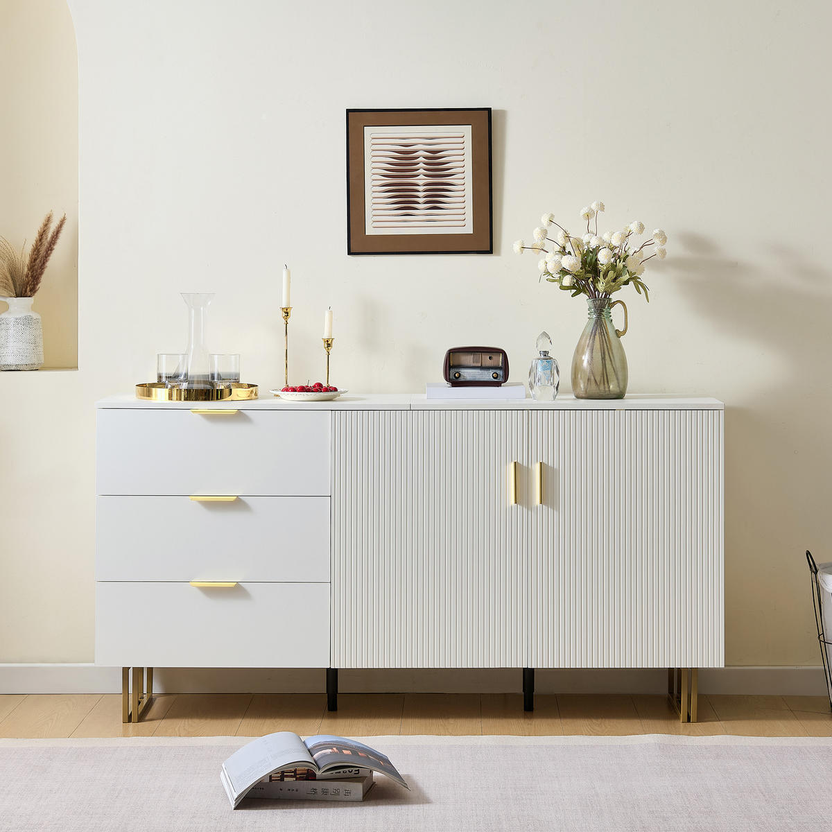 SIDEBOARD 160cm 2 Türen 3 Schubladen Gold Stahl modern - Weiß, Holzwerkstoff (40/81.5/160cm) - FLIEKS