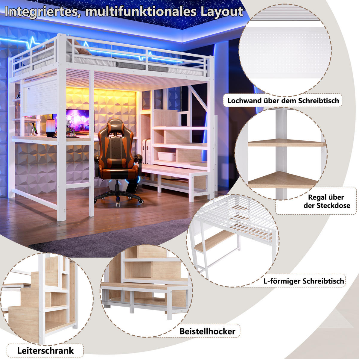 HOCHBETT 140x200 cm in Weiß mit Schreibtisch, Stauraumtreppe, LED und USB-Anschlüssen - Weiß, Holzwerkstoff (140/200cm) - IVMEU