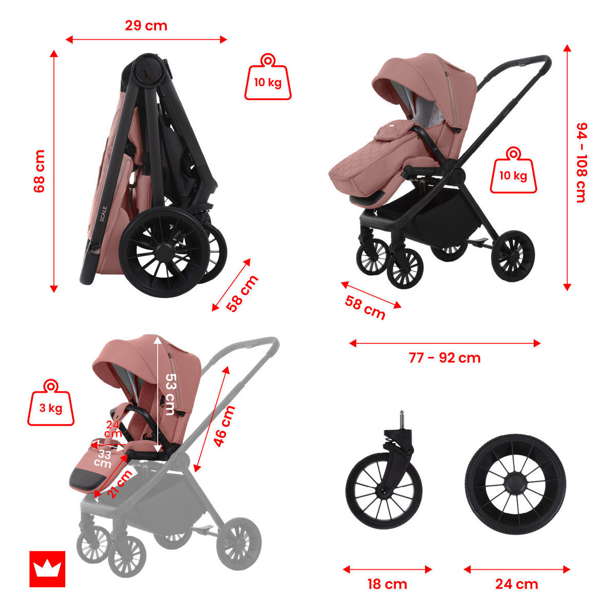 BUGGY Scale, Klein und Leicht, Teleskopische Führung, Kompakt Faltbar, Wickeltasche, Reisetasche - Schwarz/Rosa, Textil/Metall (58/100cm) - BabyLux