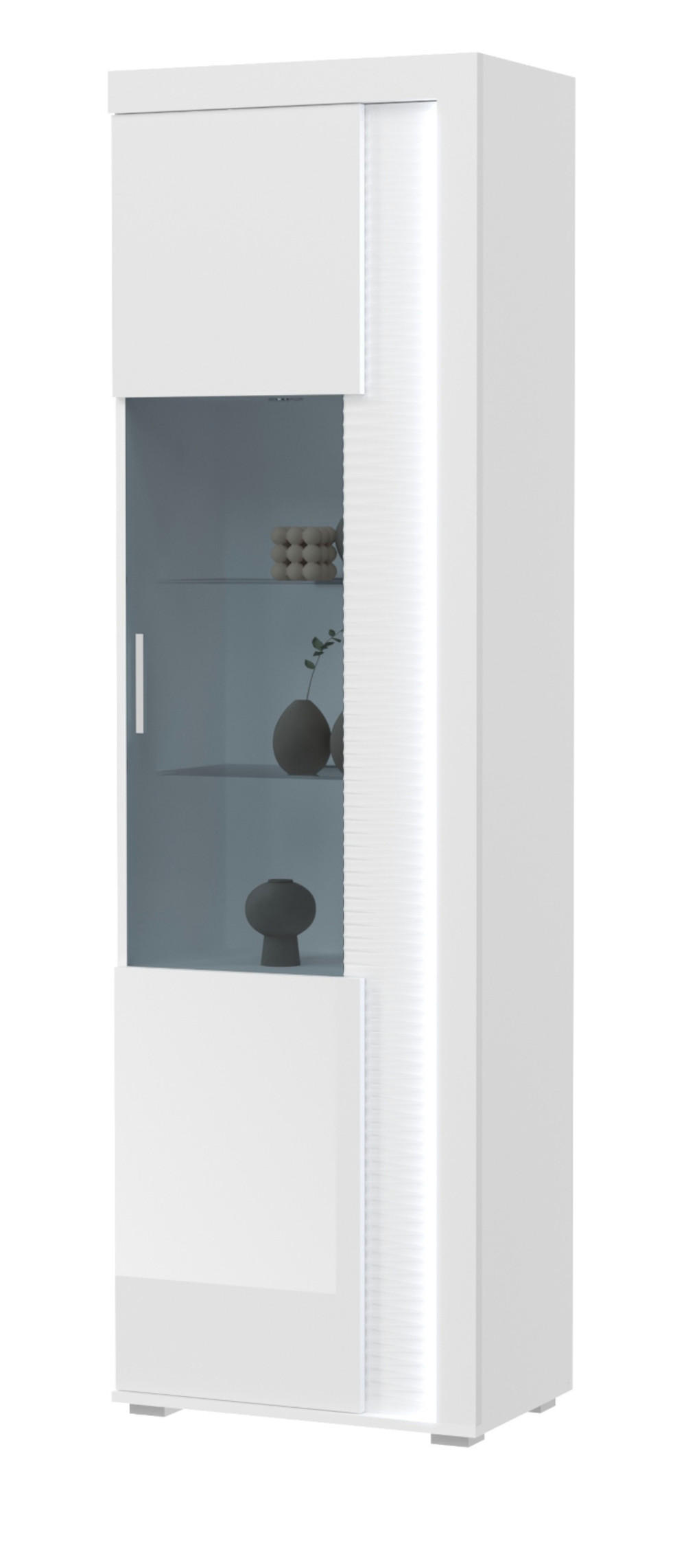 VITRINE weiß Hochglanz 60 x 200 cm, Soft-Close-Funktion, inkl. Beleuchtung - Weiß Hochglanz/Silberfarben, Glas/Holzwerkstoff (60/202/37cm) - Inn.Furn