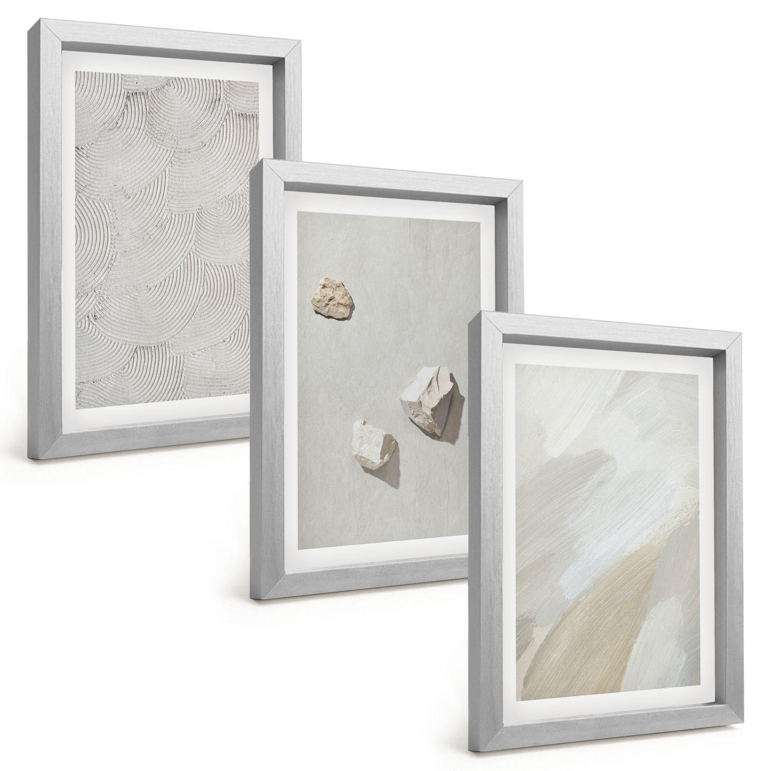 BILDER SET 3er Set - 20x30 cm Silberner Rahmen - Sandsteine moderne Farbe - Silberfarben, Kunststoff (20/30cm) - TULUP