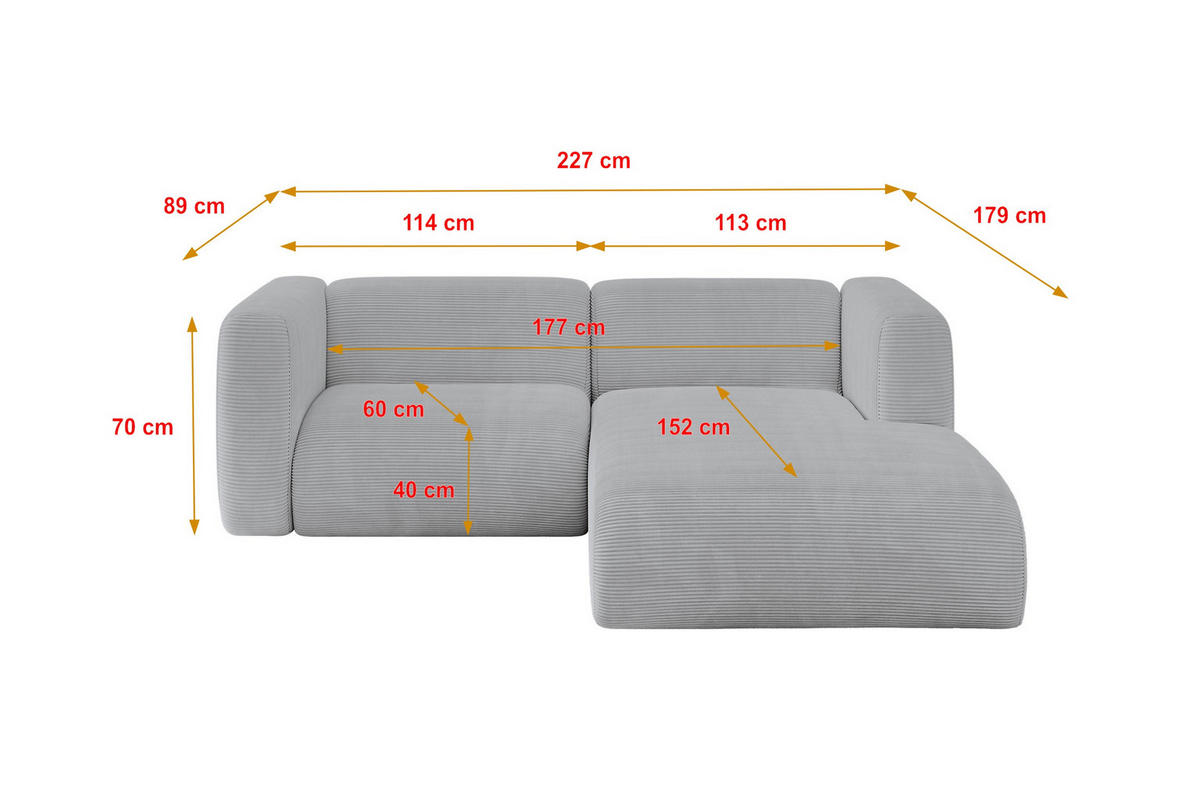 ECKSOFA Ottomane Rechts MIRA-L1 227x179x89 Grau Cord - Blaugrau/Schwarz, Holzwerkstoff/Kunststoff (227/179cm) - ALTDECOR