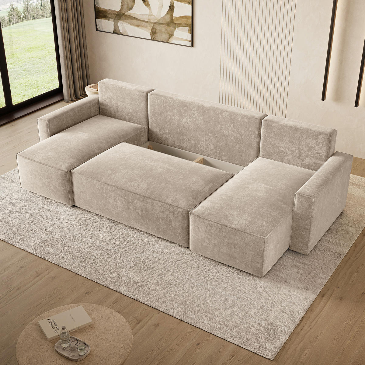 WOHNLANDSCHAFT ASPRA LM Creme Chenille mit Schlaffunktion - Creme, Holz (295/85/140cm) - MASSENO