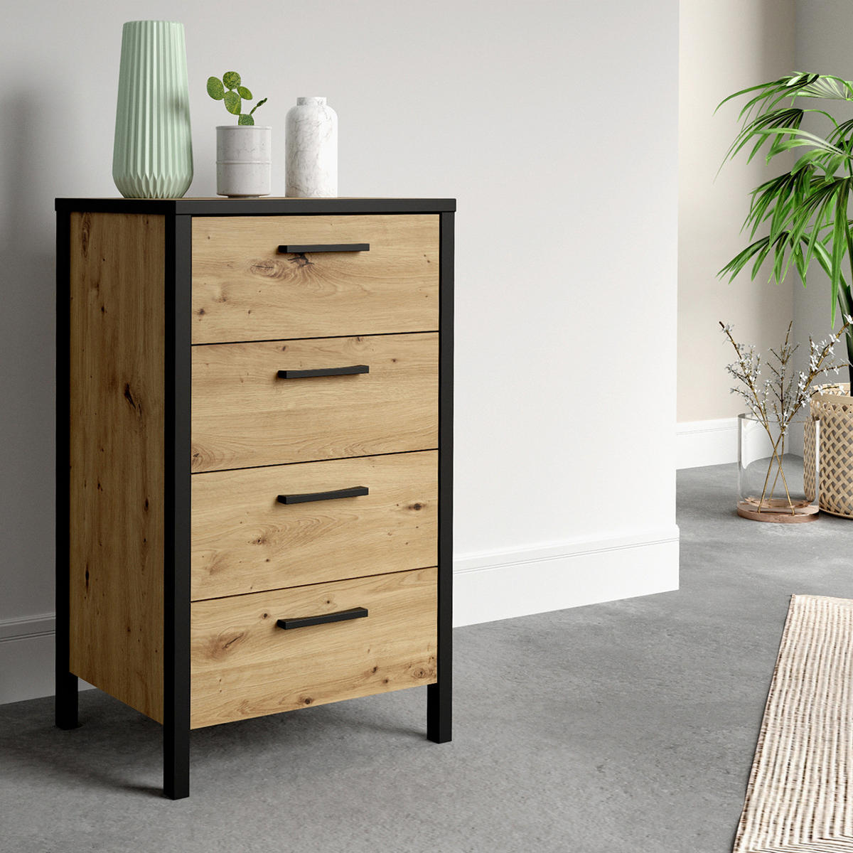 KOMMODE - Eiche Artisan Dekor / Schwarz - Schwarz/Braun, Holzwerkstoff/Kunststoff (51/90/40cm) - home24