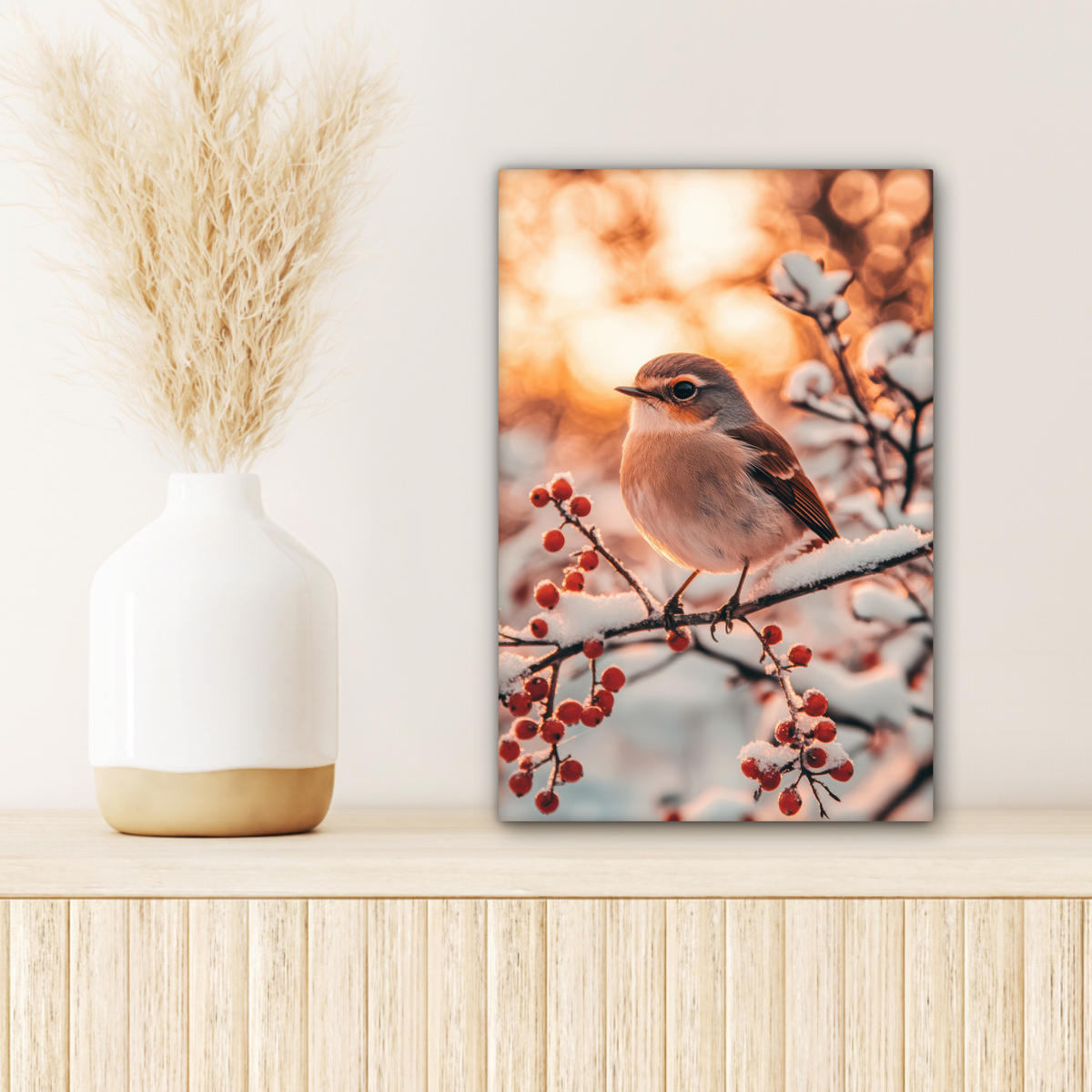 LEINWANDBILD Vogel - Zweig - Winter - Tiere - Schnee 20x30 cm - Bernsteinfarben, Textil (20/30cm) - MuchoWow