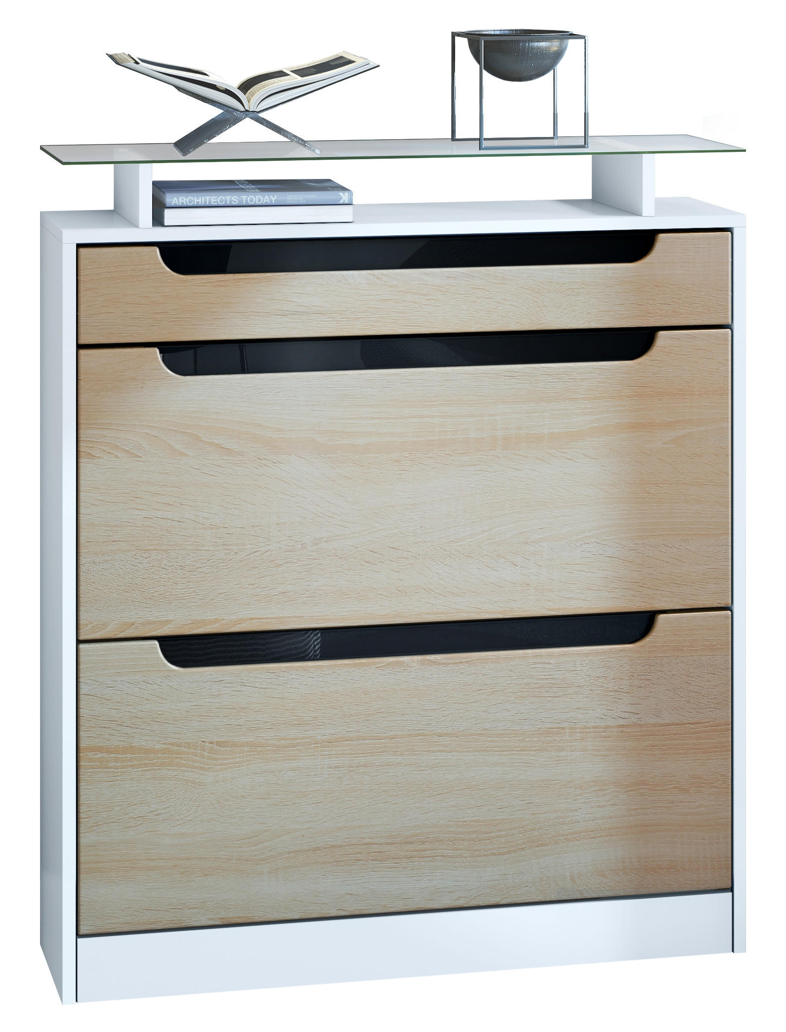 SCHUHSCHRANK Fiesta Eiche sägerau / Schwarz Hochglanz - Eiche San Remo, Holzwerkstoff (89/104/23cm) - Vladon