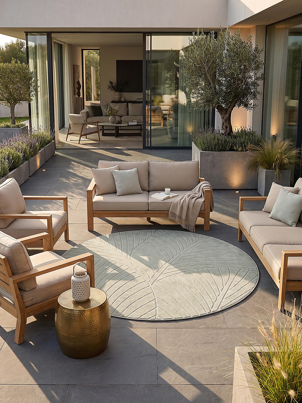 TEPPICH Outdoor, Fußbodenheizung-geeignet, mit Blattmotiv, ENGADIN in Salbeigrün, Ø 200 cm - Grün, Textil (200/200cm) - KADIMA DESIGN