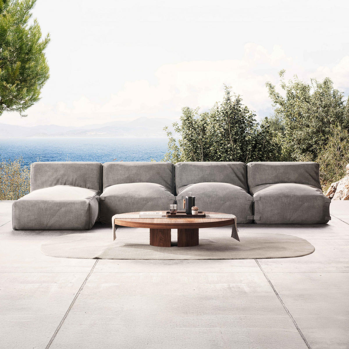 GARTENSOFA mit 4 Sitzplätzen, Grau - Grau, Textil - Oviala