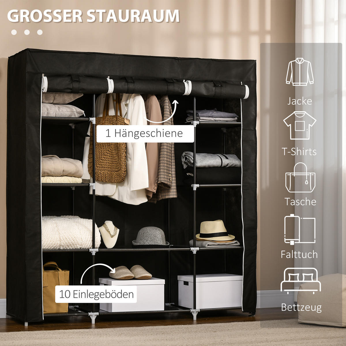 STOFFSCHRANK, Faltschrank, Schwarz - Schwarz, Metall (43/162.5/150cm) - HOMCOM