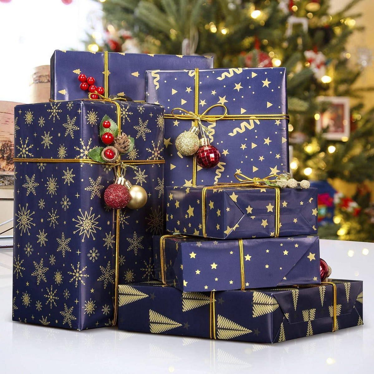 GESCHENKPAPIER Set 8 Rollen 43 x 100 cm Dunkelblau Weihnachtsmotive - Dunkelblau, Papier (43/1.5/100cm)