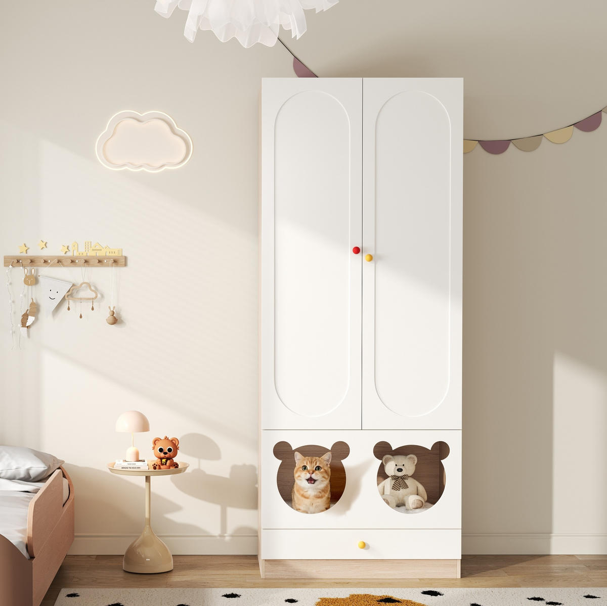 KINDERKLEIDERSCHRANK aus MDF 80x50x200 cm Natur/Weiß mit Kleiderstange, offenen Fächern und Haustierbereich - Naturfarben, Holzwerkstoff (80/200/50cm) - Modfu
