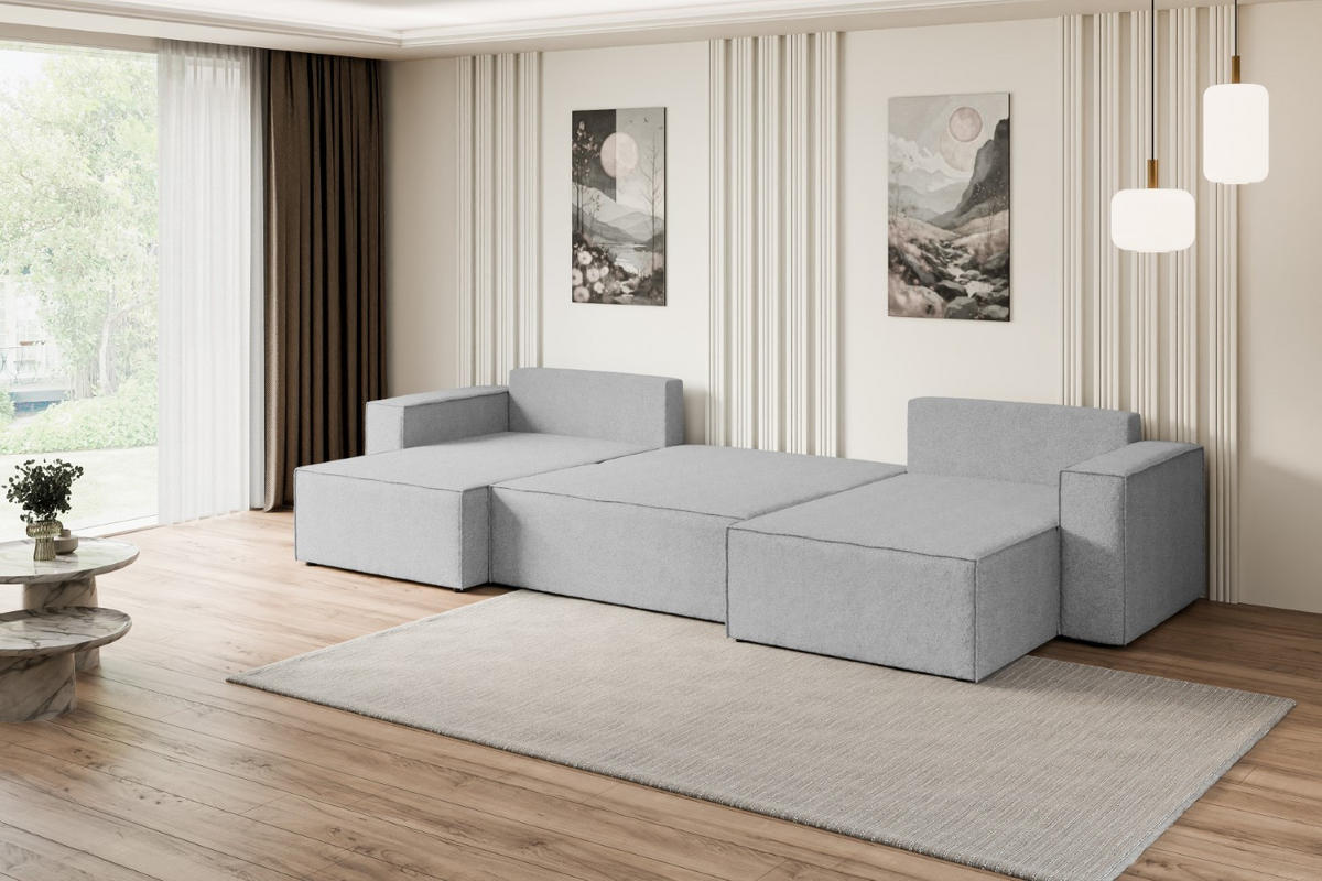 WOHNLANDSCHAFT mit Schlaffunktion und Bettkasten CELTIC-XLU - 377x143x83 cm Hellgrau Bouclé - Hellgrau/Schwarz, Holzwerkstoff/Kunststoff (377/83/143cm) - ALTDECOR