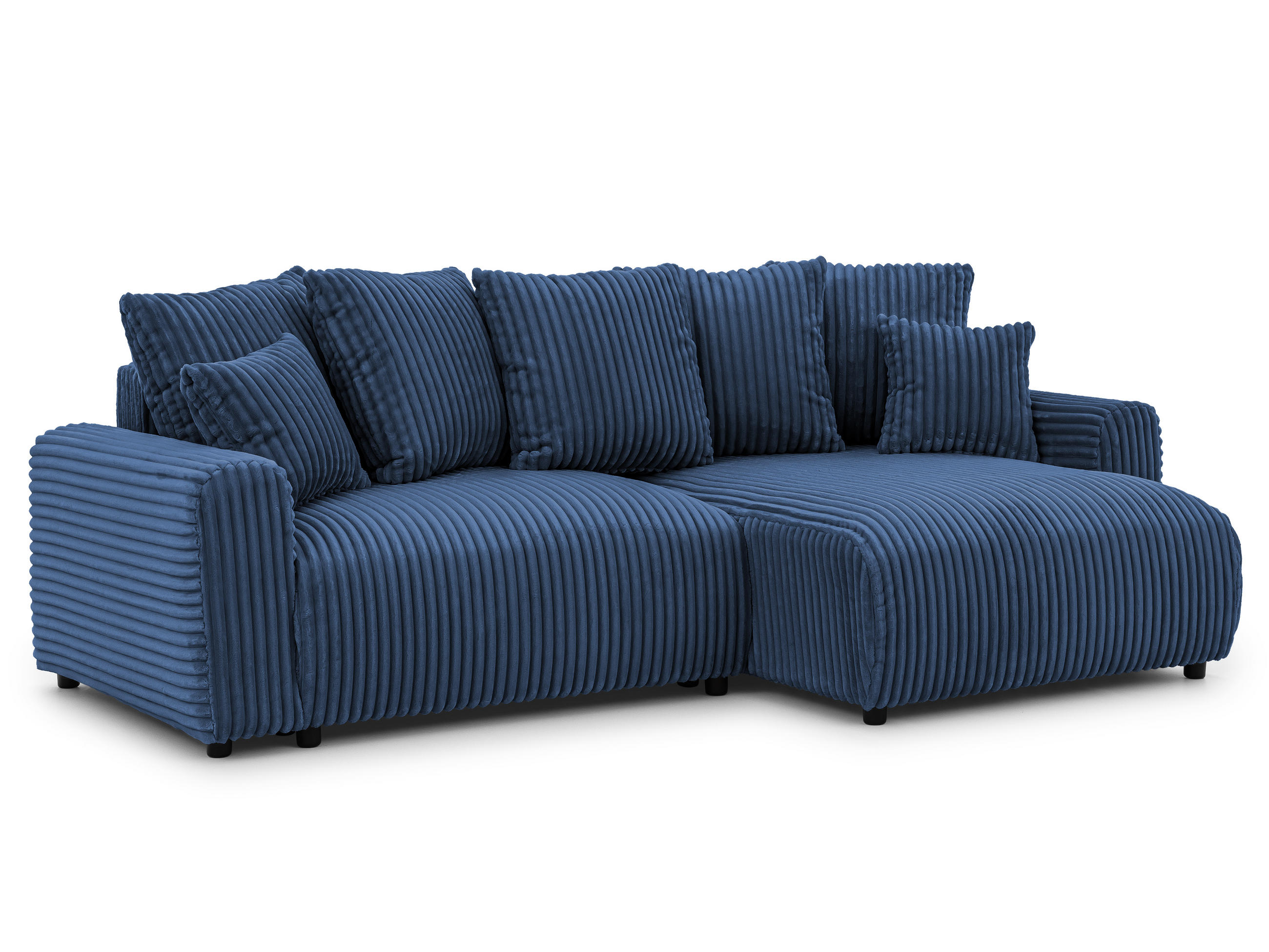 ECKSOFA Calma mit Schlaffunktion und Bettkasten im Bumpy-Design aus weichem Marineblau Plüschcord - Ottomane rechts - Blau/Schwarz, Holz/Kunststoff (140/239cm) - S-Style