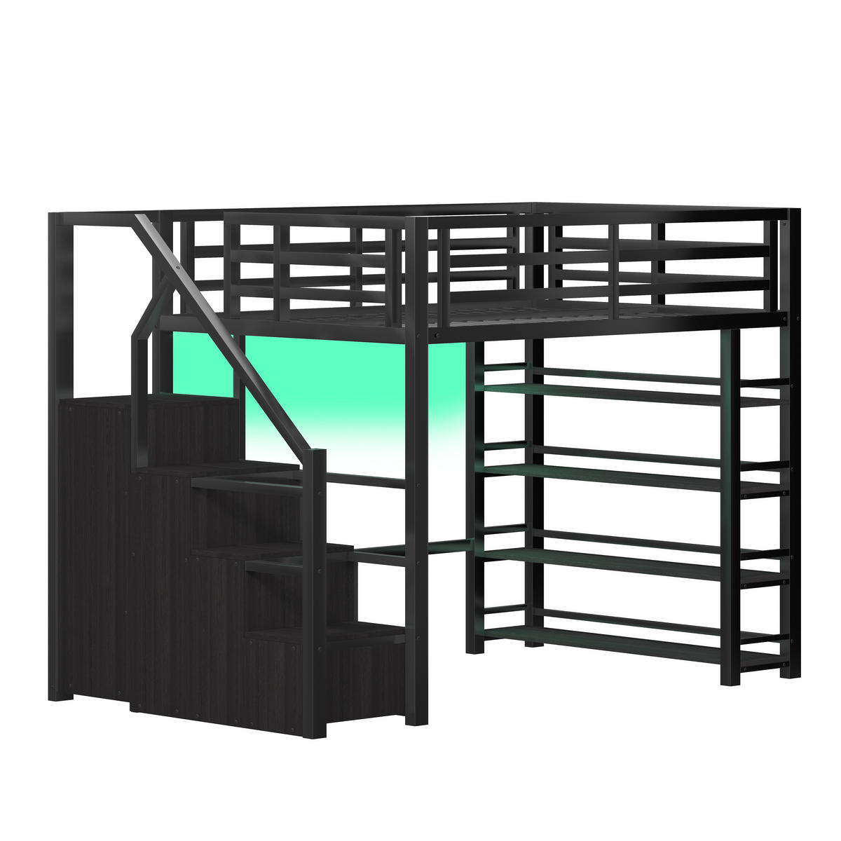 HOCHBETT 140/200 cm in Schwarz mit LED, Regal und Kleiderschrank - Schwarz, Holzwerkstoff/Metall (140/200cm) - WISHDOR