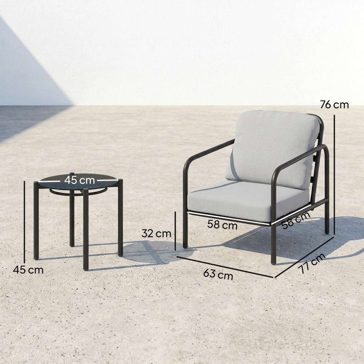 GARTEN-BEISTELLTISCHSET Schwarz, Hellgrau 3 Stück - Schwarz, Naturmaterialien (77/63/76cm) - GiPP
