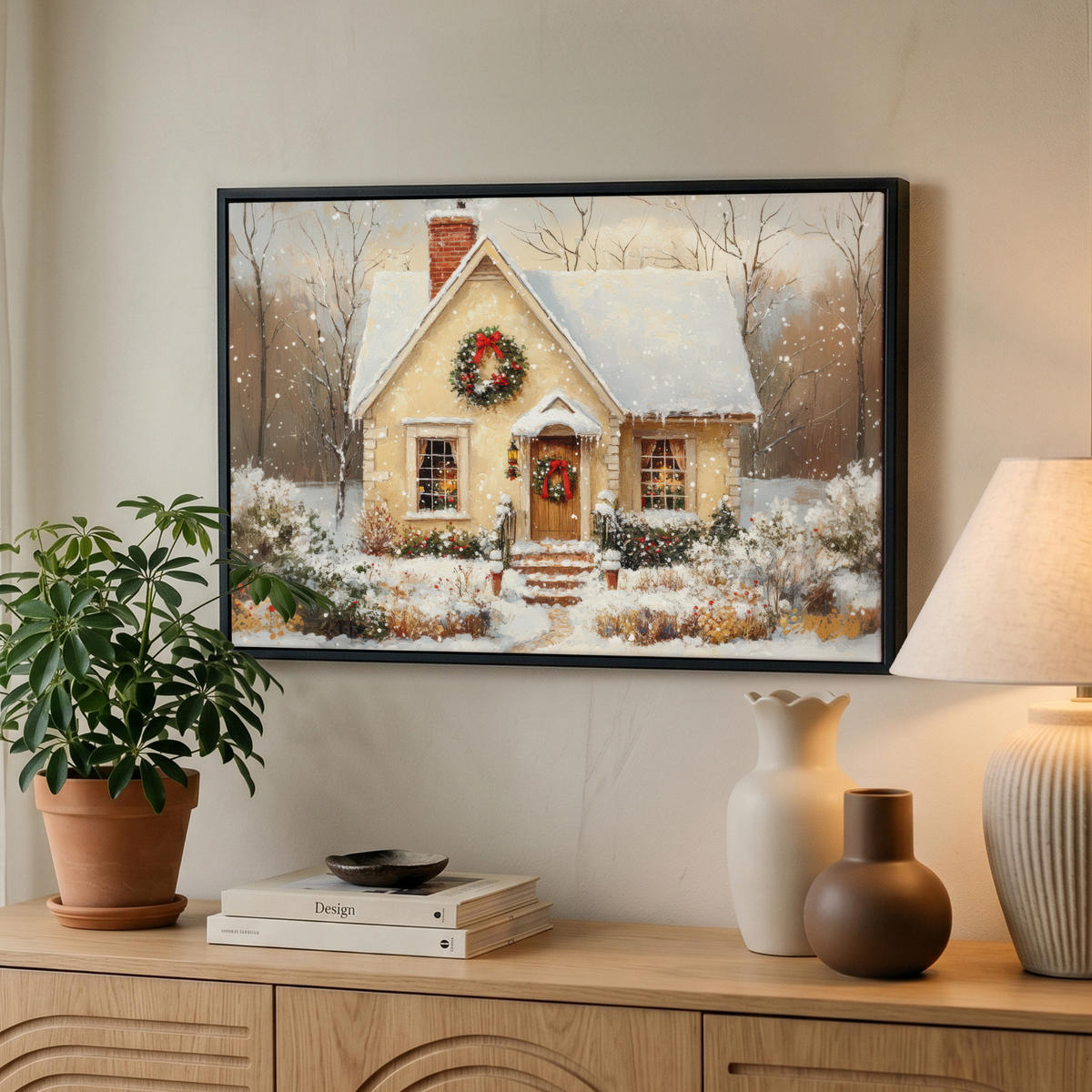 LEINWAND Bilder mit Rahmen - Weihnachten - Zuhause - Winter - Schnee - 60x40 - Creme, Textil (60/40cm) - MuchoWow